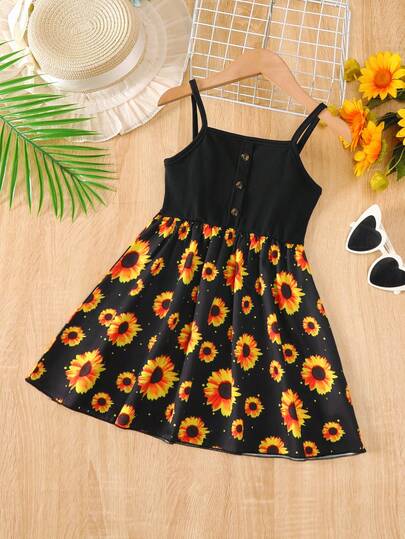 Girls' Colorful Patchwork Daisy Print Button Decor Casual Dress, Suitable For Summer Wear, Young Ladies Clothing