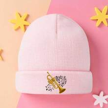 1 Music Theme Beanie - Gold Trumpet Design, Soft Stretch Knit, Unisex Winter Style, Perfect For Casual Wear, Coffee Gifts, And Music Enthusiasts, Coffee Gift, Elegant Style, Medium Stretch Fabric - Pink - View 11