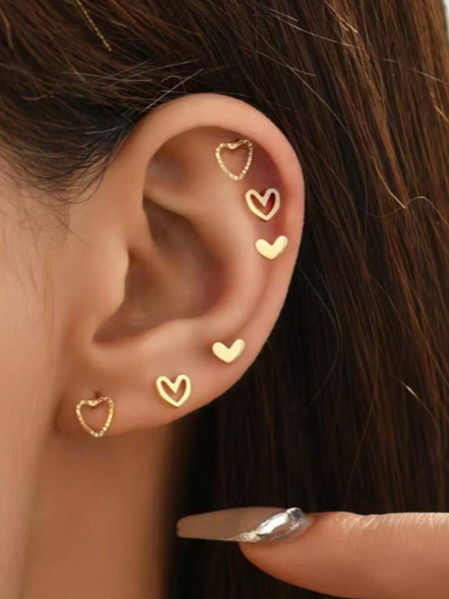 6pcs Minimalist Hollow Heart Stud Earrings For Women, Stackable Gold-Tone Everyday Fashion Jewelry, High-Quality Gift For Girlfriend