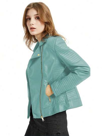 Risissida Women Short Faux Leather Biker Jacket - Asymmetric Zipper, Stand Collar Design, Fashionable Casual Streetwear, Suitable For Autumn/Winter