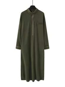 斋月男士长袍，长袖刺绣立领设计，橄榄绿卡夫坦长袍，阿拉伯男士时尚服装，适合作为斋月礼物、节日和正式场合穿着。 - 橄欖綠 - 查看 2