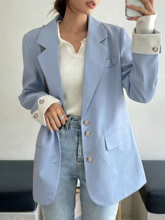 2026 New Spring And Autumn Light Business Smog Blue Suit: Metal Buckle Decoration On Contrasting Cuffs, Workplace Commuting, Daily Street Wear, Social Gathering, White Fit, Suitable For Going Out To Wear.