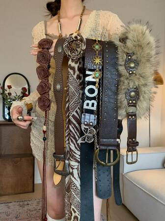 Cinturón vintage de estilo occidental color marrón con remaches, diseño único de cuerda floral para la cintura, adecuado para faldas y vaqueros