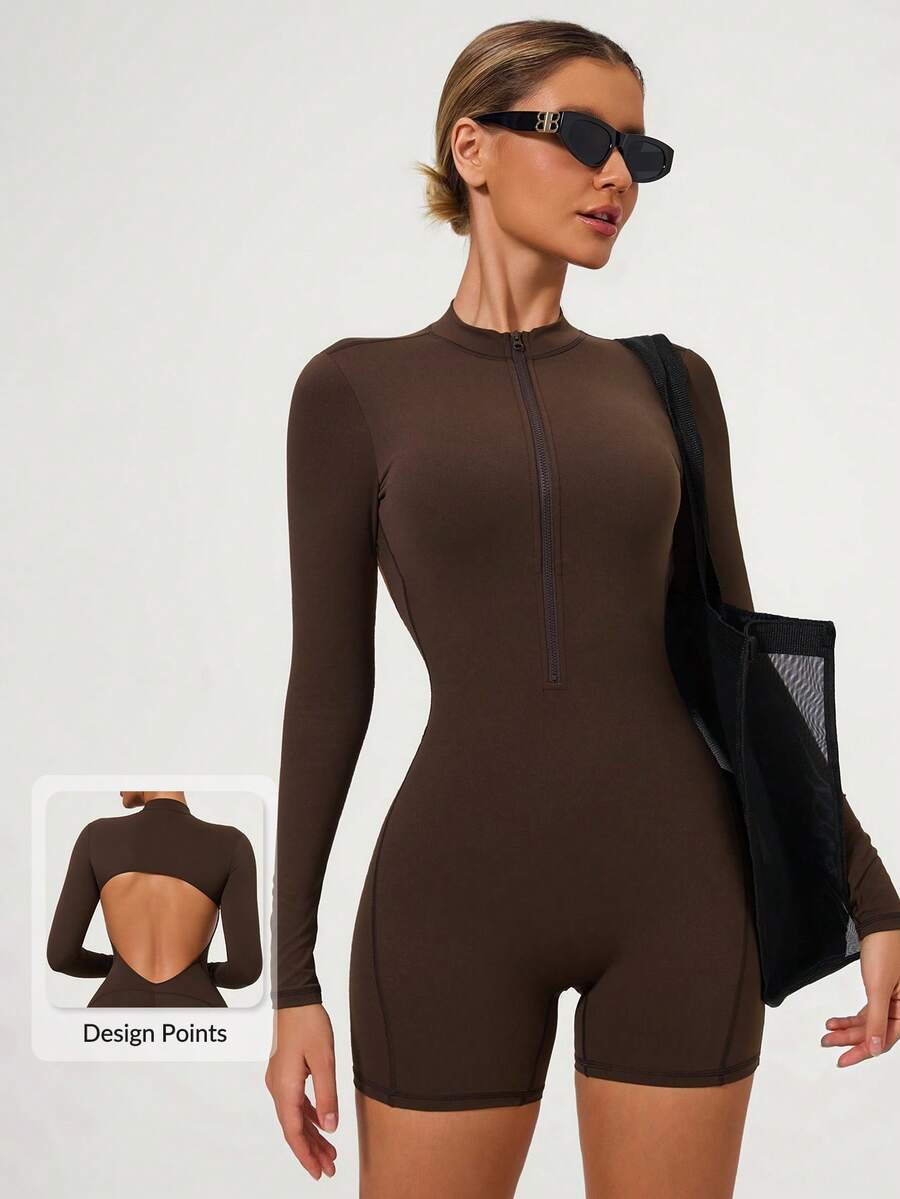 MASKERT 女士长袖紧身连体衣,女士瑜伽运动跑步连体衣,速干塑形长袖运动连体衣 - 棕色 - 查看 1