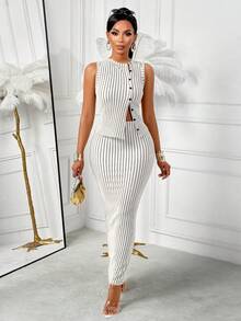 AIJ Women's Casual Striped Button Sleeveless Crop Top And Skirt 2 Pieces Set, Suitable For Vacation And Home Life (Random Print) Summer - Cream White - View 3