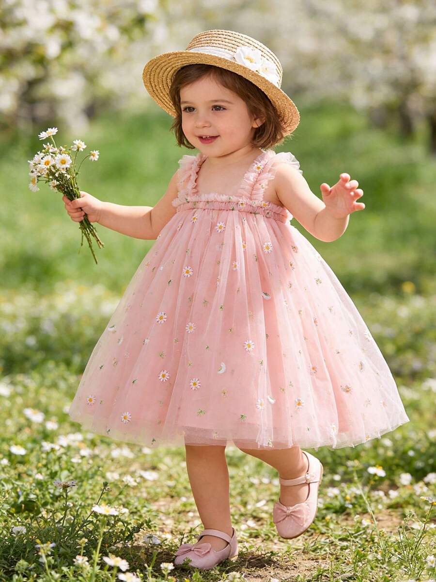 Baby Girl Elegant & Cute Daisy Embroidered Floral Toddler Sleeveless Mesh Pink Comfortable Dress, Suitable For Vacation, Birthday Party, Princess Dress, Photo Shoot, Easter - Pink - View 1