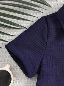 2pcs Baby Boy Street Fashion Set: Textured Pocket Bear Embroidered Shirt And Shorts - Navy Blue - View 5