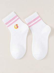 1/5 双儿童粉白卡通图案袜子，中筒竖条纹，印有可爱月亮图案，日常休闲风格 - 彩色 - 查看 8