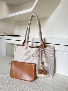 JIANSHANGGUSHI 2026 New Fashion Tote Bag, Commuter Shoulder Bag, Patchwork Knitted Bag, Macaron Color, With Small Wallet, Suitable For Office Ladies, Women, Girls - Khaki - View 5
