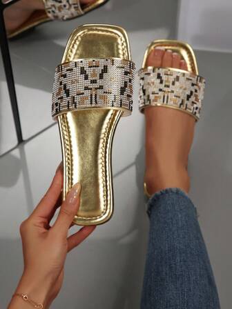 Sandalias slip-on con adornos de strass, ligeras y antideslizantes, aptas para la playa, uso casual, interior, tallas grandes, nuevo diseño con brillo