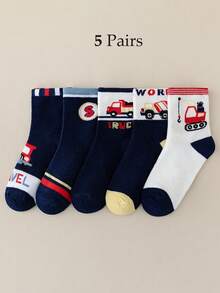 5 Pairs/Set Kids Cartoon Construction Vehicle Mid-Calf Socks, Boys Socks, Soft & Breathable, Suitable For Autumn/Winter Daily And Back To School Wear - Multicolor - View 8
