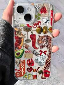 1pc Fashion Tiger Chili Pepper Collage Pattern Transparent TPU Anti-Fingerprint Phone Case, Compatible With Apple XR, 11, 12, 13, 14, 15 Plus, 16 Pro Max, 17 Air Series - Multicolor - View 1