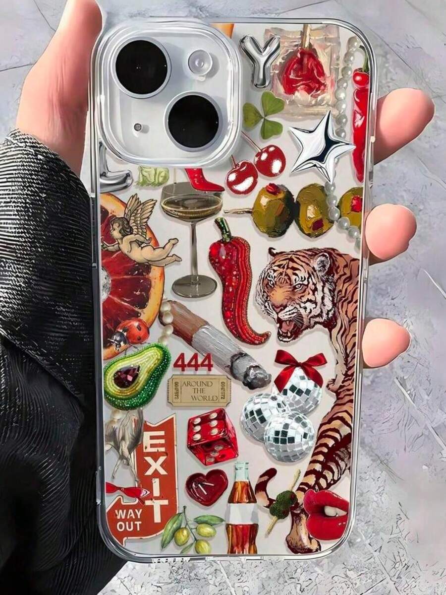 1pc Fashion Tiger Chili Pepper Collage Pattern Transparent TPU Anti-Fingerprint Phone Case, Compatible With Apple XR, 11, 12, 13, 14, 15 Plus, 16 Pro Max, 17 Air Series - Multicolor - View 1