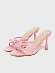 Sandalias de tacón alto de tacón de aguja para mujer, sandalias de verano transpirables tipo mule, sandalias casuales y elegantes con lazo, de punta abierta, cómodas y versátiles - Rosa - Ver 5