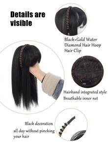 一体式防滑合成假发，带刘海发箍，女士适用，遮盖发际线和白发，自然隐形超薄刘海假发发箍，发带，发圈，合成直刘海和发片，发饰，女士发箍 - 彩色 - 查看 6