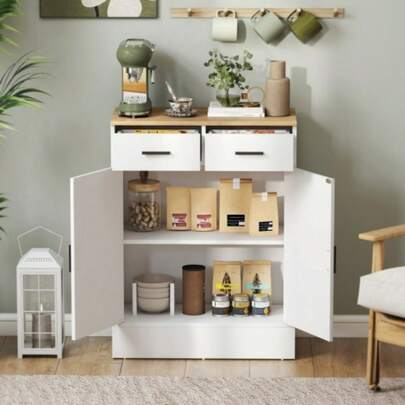Sideboard With Storage Space, Chest Of Drawers With 2 Drawers, Adjustable Shelf, For Kitchen, Living Room, Hallway, Natural Wood, White