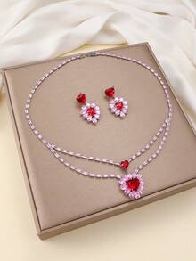 2pcs/Set Rhinestone Heart Pendant Necklace & Earrings Set, Double Layer Choker Necklace + Earrings, Luxury Jewelry For Date & Confession - Multicolor - View 7