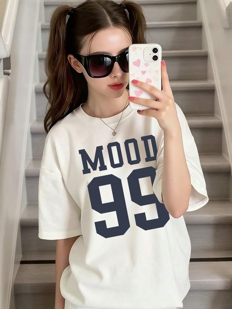 Áo thun ngắn tay in chữ và số phong cách thường ngày cho bé gái tuổi teen, thích hợp cho mùa hè. - trắng - Xem 1