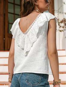 بلوزة بيضاء بدون أكمام مزينة بالدانتيل والكشكشة للنساء، سترة بوهيمية بياقة على شكل حرف V مزينة بالكروشيه، قميص بدون أكمام ذو نسيج متموج، مناسب للاستخدام اليومي، العطلات، الذهاب إلى العمل، رأس السنة، عيد الحب