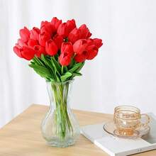 20pcs Artificial Tulip Flower Bouquet, PU Material, Realistic Touch, Suitable For Home, Room, Office, Party, Wedding Decor, Great Mother's Day Gift (Red) - Red - View 2