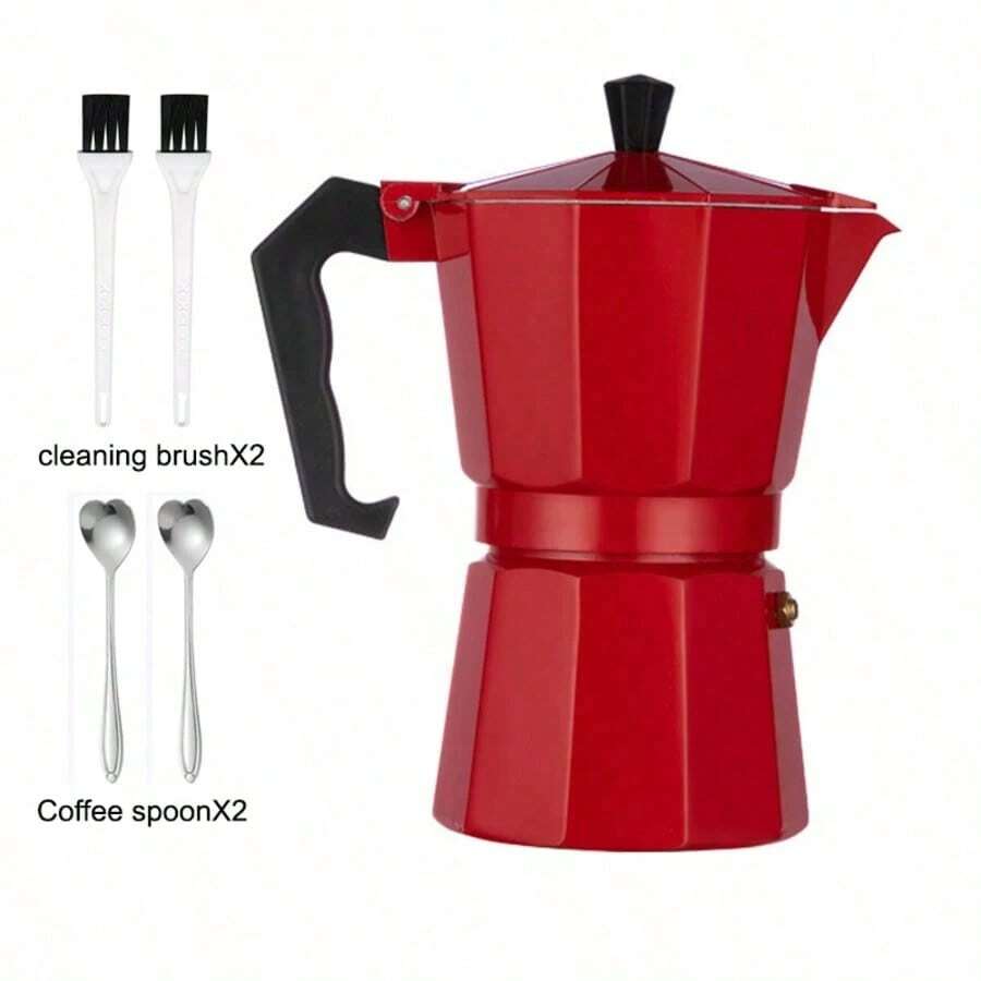3/6 Cup Italian Moka Pot, Comes With 2 Cleaning Brushes And 2 Coffee Scoops - Stovetop Espresso Maker, Durable Cast Aluminum Coffee Pot, Suitable For Home And Camping (Espresso/Cappuccino/Latte) - Red - View 1