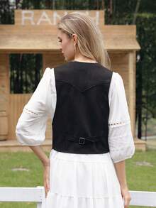 西部牛仔女装波西米亚嬉皮士复古波西米亚风节日麂皮流苏背心外套 - 黑色 - 查看 4