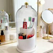 Rotating Bathroom Organizer With Sliding Lid-3 Slots No-Drill Water-Resistant Countertop Storage For Toothbrushes Toothpaste Makeup Brushes,Water-Resistant Dustproof Bathroom Organizer,Home Living Bathroom Storage & Organization,360° Rotating Easy-Access Bathroom Storage,Sliding Lid Bathroom Gadgets For Organization,Holiday Gift Idea Bathroom Storage & Organization ,Home Cleaning Bathroom Storage Jars ,360° Rotatable Sliding Lid Bathroom Organizer ,Sturdy Waterproof Bathroom Counter Organizer ,Home & Living Bathroom Storage For Daily Use - White - View 2