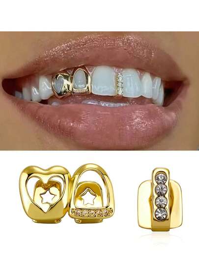 Unisex Gold Tooth Grillz Set, Hollow Heart Shaped With Cubic Zirconia, Suitable For Daily Wear And Valentine's Day Gift, Hip Hop Style