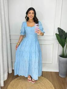 Elegant Luxury Long Dress With Embroidered Cotton And Short Sleeves. - 淺藍色 - 查看 1