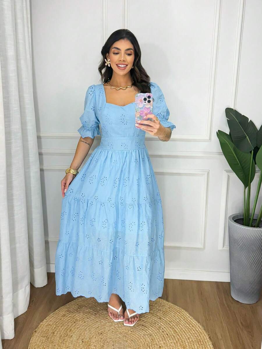 Elegant Luxury Long Dress With Embroidered Cotton And Short Sleeves. - 淺藍色 - 查看 1