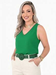 Women's Elegant Social Tank Top With V-Neck And Wide Straps, Casual And Stylish For Work - 綠色 - 查看 2