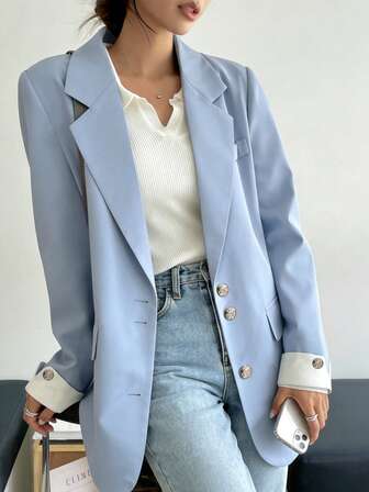 2026 New Spring And Autumn Light Business Smog Blue Suit: Metal Buckle Decoration On Contrasting Cuffs, Workplace Commuting, Daily Street Wear, Social Gathering, White Fit, Suitable For Going Out To Wear.