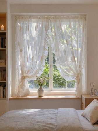 1pc French Sweet & Cute Ruffle Sheer 3D Embossed Cloud Voile Curtain, Suitable For Bedroom, Korean Style Fairy Princess Small Window Divider Living Room Decor