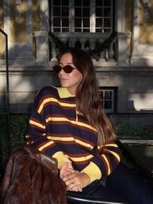 女士休闲撞色条纹针织Polo领长袖毛衣上衣 - 彩色 - 查看 10