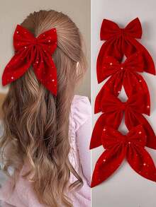 4 Stücke/Set Haarspangen mit Strass-Schleifen, glänzende Leder-Entenschnabel-Haarklammern, luxuriöse ästhetische Haarzubehör für Valentinstag, Weihnachten - Rot - Übersicht 5