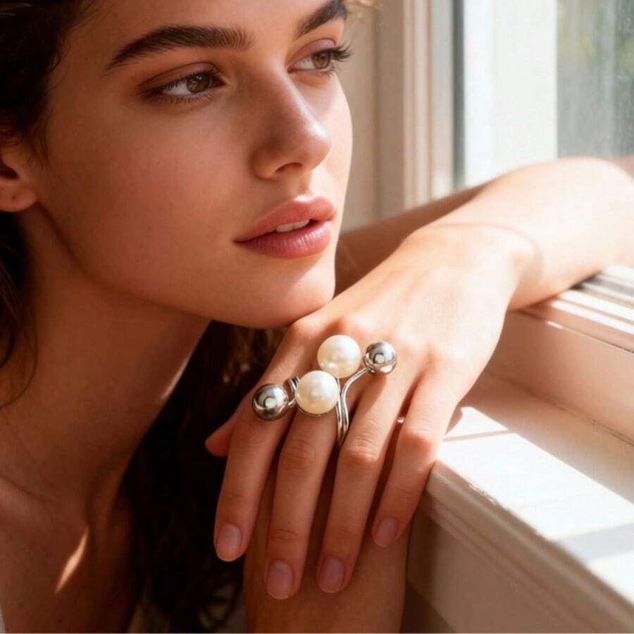 1pc Fashionable Exaggerated Adjustable Pearl & Diamond Flower Ring - WR936 White - View 1