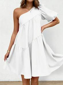 Women's Summer Puffy Sleeve Loose Layered A-Line Fringe Short Dress Casual One Shoulder Dresses - 白色 - 查看 1