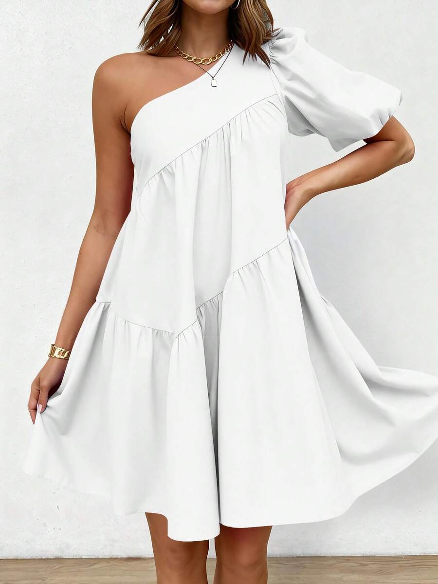 Women's Summer Puffy Sleeve Loose Layered A-Line Fringe Short Dress Casual One Shoulder Dresses - 白色 - 查看 1