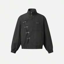 Black Friday1-Aelfric Eden Metal Button Boxy Jacket Black Long Sleeve Stand Collar Slant Placket Unisex Fashion Street Jacket Retro Y2K - 深灰色 - 查看 1