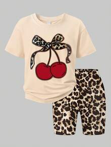 1pc Y2K Style Cute Leopard Print & Cherry Pattern 2pcs Set For Girls, Casual Outdoor Wear For Spring/Summer - Apricot - View 2