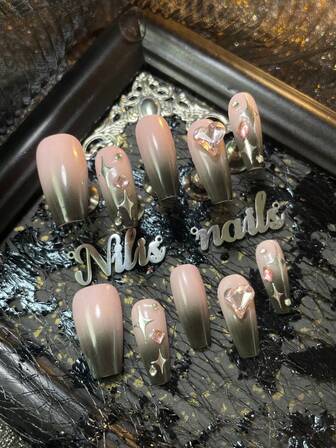 10片手工亚克力美甲贴纸，棺材形美甲，粉色美甲，黑色扎染，3D彩色钻石美甲装饰，手绘星形图案，彩色闪亮爱心美甲贴，Y2K风格可穿戴美甲套装，适合女性日常、派对、节日和主题派对使用（包含：1片果冻胶和1片摩擦条）美甲用品