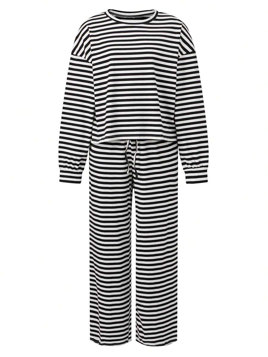 Womens Fall Striped Pants Set Loose Fit Stylish Crew Neck Long Sleeve Tops And Wide Leg Drawstring Pants 2 Pcs Set - Black - View 1