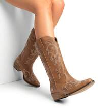 Botas de Vaquero para Mujer de Media Pantorrilla con Punta Cuadrada, Cowboy Boots para Dama con Tacón Grueso - Marrón Mocha - Ver 11