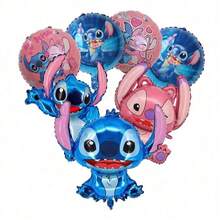 9pcs/Set Cute Cartoon 3D Stereo Space Traveler Stitch Pink Angel Theme Party Foil Balloon Set, Cartoon Shaped Anime Birthday Decoration Cartoon Balloon Set, Children's Toy Birthday Party Decoration Balloon Set - Multicolor - View 13