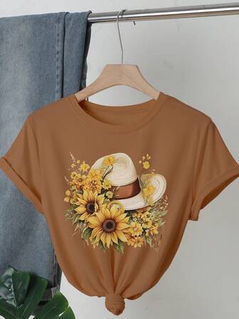 向日葵印花圆领 T 恤，休闲宽松短袖 T 恤，女士，夏季