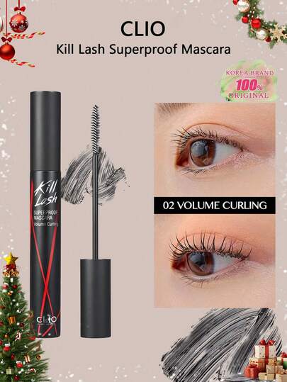 Clio Máscara de pestañas súper resistente al agua "Kill Lash", 02 Voluminizador y Rizador, Cosmética coreana, Lavable, Fórmula vegana, Súper voluminizador, a prueba de manchas, sin grumos, de larga duración, 7ml, Regalo