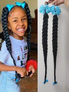 2pcs Kids Synthetic Ponytail Wig With Bow Clip Girls Ponytail Braids Hair Natural New Chinese Style Braid Ponytail - Natural Black - View 2