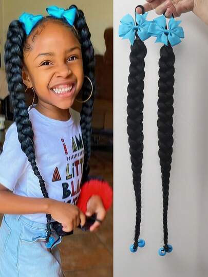 2pcs Kids Synthetic Ponytail Wig With Bow Clip Girls Ponytail Braids Hair Natural New Chinese Style Braid Ponytail