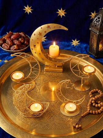 1pc Metal Iron Candle Holder Decor, Modern European Style Candle Holder For Wedding Party, Dining Table Home Decoration, Decoration Props, Star, Moon, Lantern Shaped, Birthday Graduation Gift, Holiday Gift