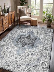 1pc Vintage Distressed Style Rug, Red Bohemian Moroccan Polyester Fiber Comfortable, Rectangular Easy Care Washable Area Carpet For Living Room, Hallway, Bedside, Home Decor